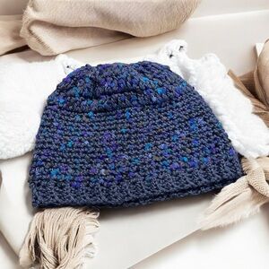 HAND CRAFTED BEANIE KNIT HAT BLUE PURPLE UNISEX